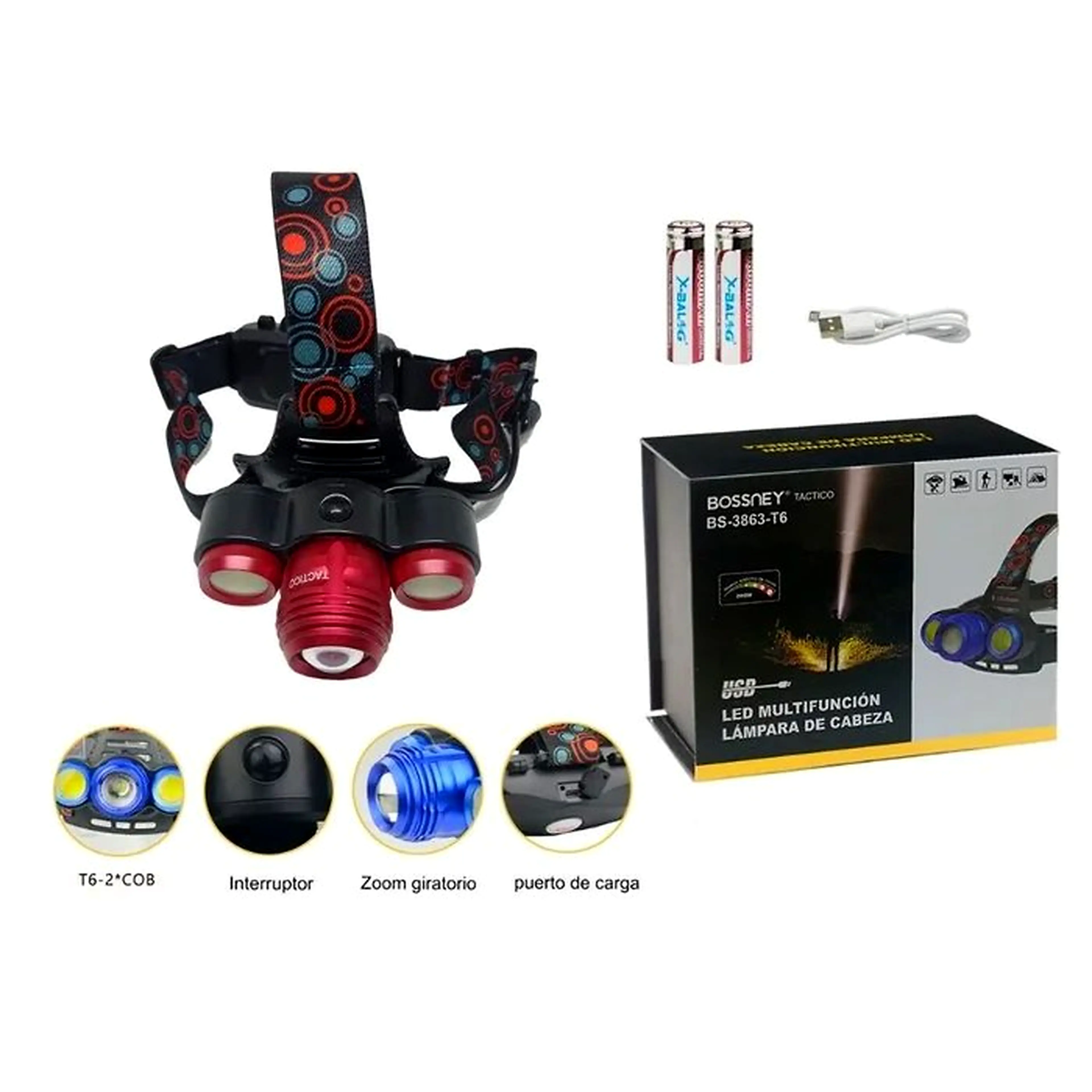 LINTERNA DE CABEZA LED RECARGABLE BOSSNEY TACTICO BS-3863-T6